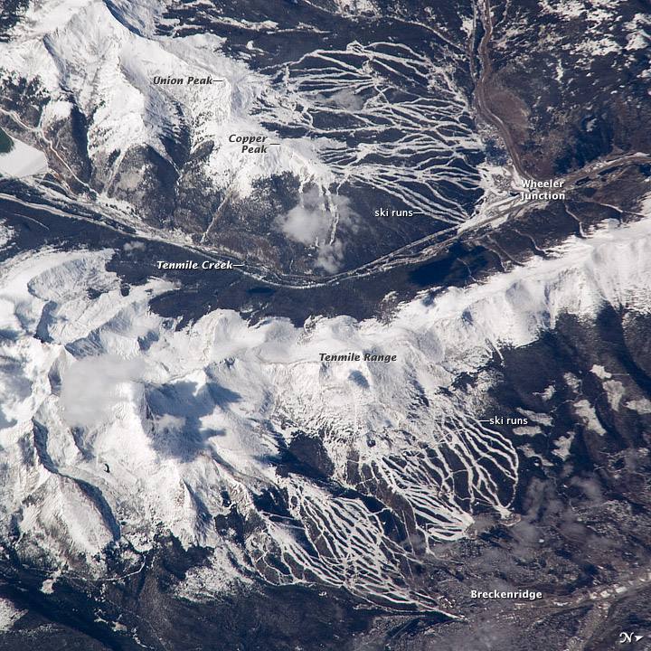 Breckenridge, labeled at lower right, and the ski runs of the Tenmile Range in an astronaut photograph taken from the International Space Station in October 2008. The town says its rental fee defrays the cost of housing programs for the local workforce.