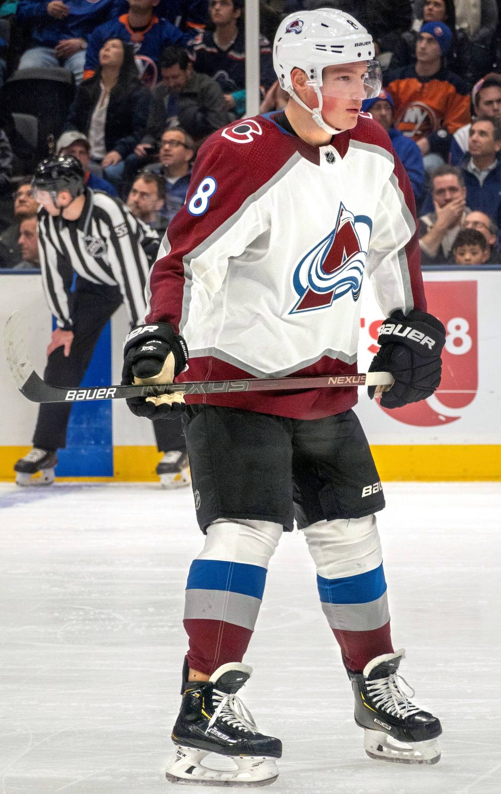 Cale Makar with the Avalanche at the New York Islanders in a file photograph from January 2020. Makar had two assists on Tuesday, and his first-period assist on Landeskog's goal was the 300th even-strength point of his career.