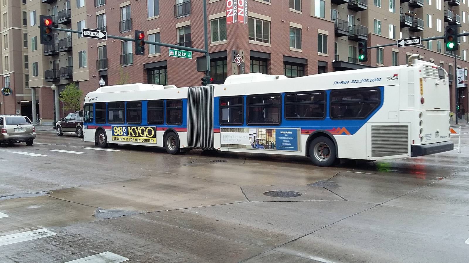 An RTD articulated bus in Denver. Routes 15 and 15L began running in center bus-only lanes on East Colfax Avenue on September 27.