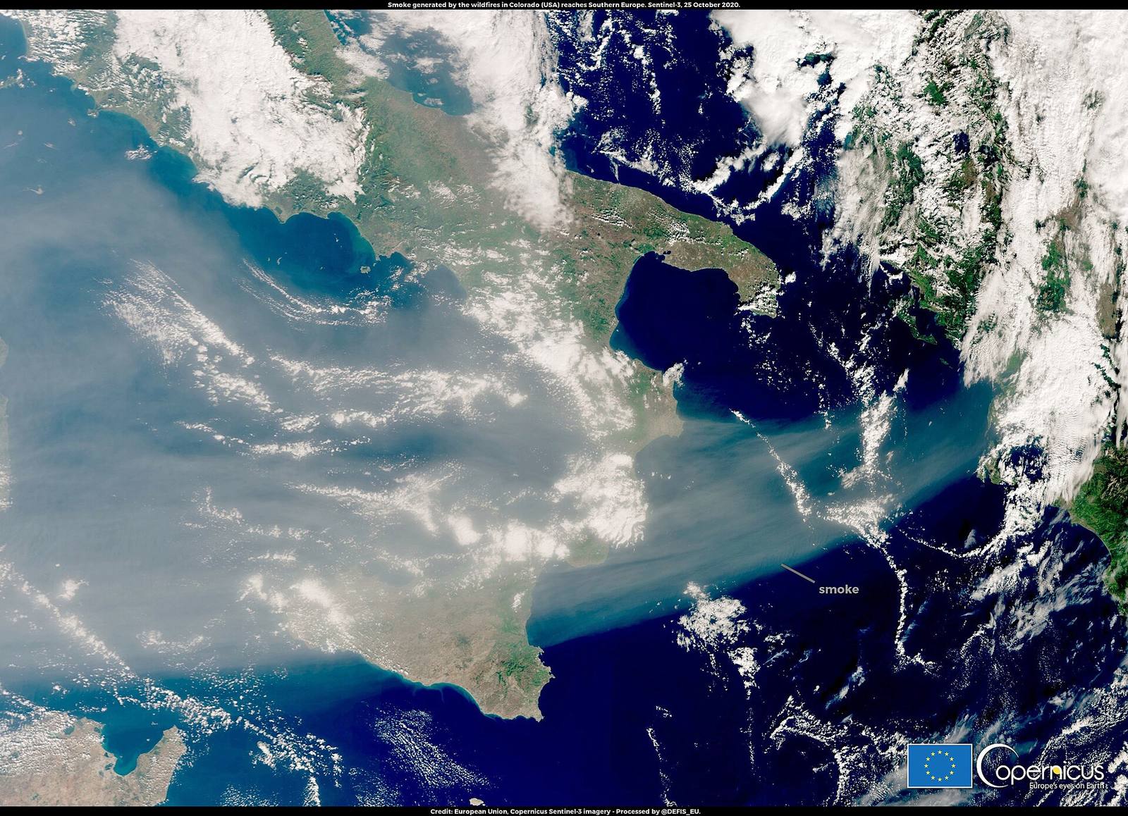 Smoke from Colorado's 2020 wildfire season drifted as far as Southern Europe, seen here by the EU's Sentinel-3 satellite in October 2020. The Marshall Fire, a year later, was a different kind of disaster: a suburban grass fire, not a mountain blaze.