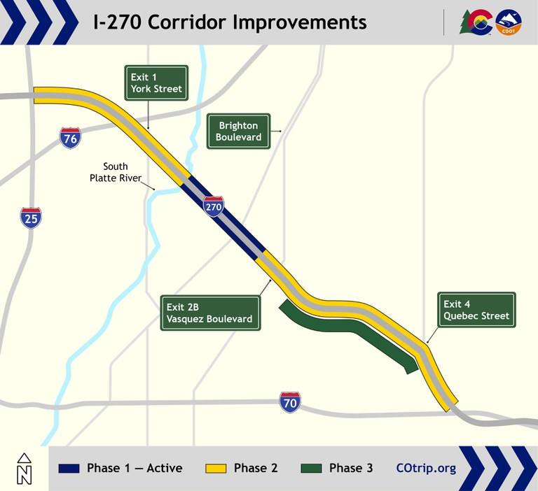 CDOT's phasing map for the I-270 Corridor Improvements project marks the first phase, in the middle of the corridor, as active. Later phases run toward I-25 and I-70, and construction is scheduled to finish in 2033.