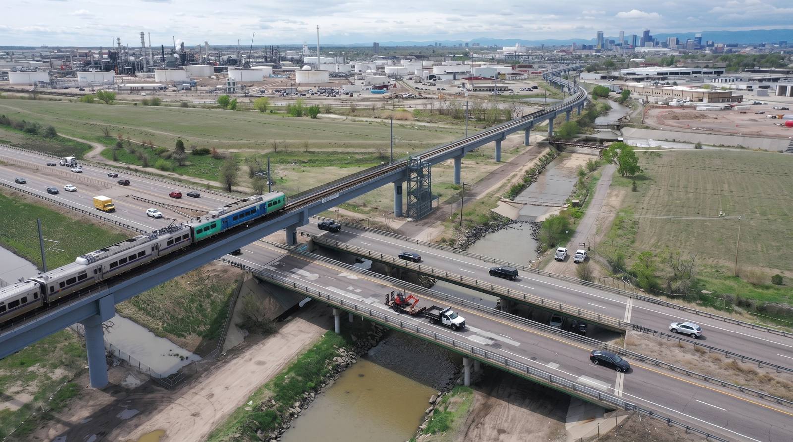 An aerial view of I-270's bridges in the corridor, with the RTD commuter rail bridge alongside and downtown Denver in the distance, in a Colorado Department of Transportation photograph. Eight of the corridor's 12 bridges, those in the poorest condition, are rebuilt in the project's first phase.